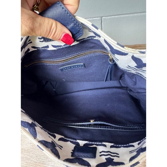 Tory Burch Navy Whale Print Canvas Hobo Shoulder Bag Rope Handle Summer Nautical - Picture 4 of 9